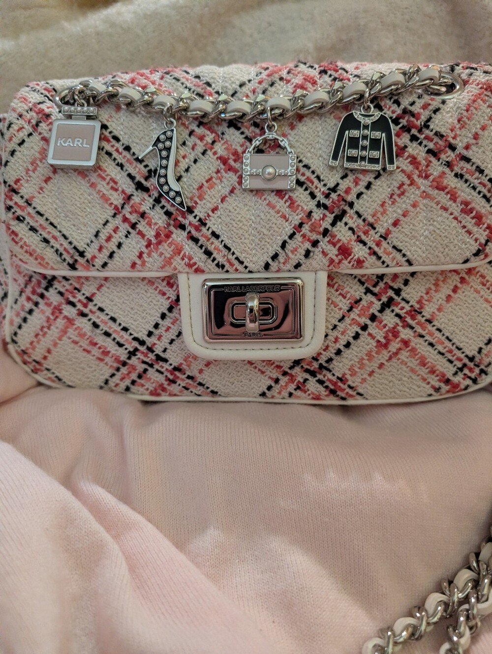 Karl Lagerfeld Pink Tweed  two Way Chain Shoulder Bag with Charms